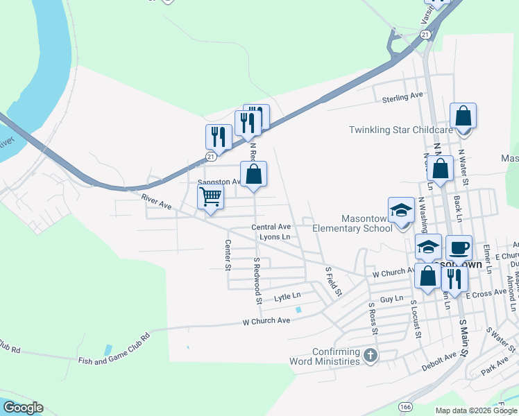 map of restaurants, bars, coffee shops, grocery stores, and more near 202 Commercial Avenue in Masontown