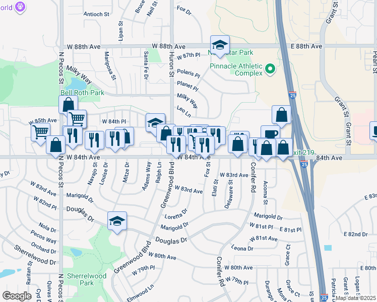 map of restaurants, bars, coffee shops, grocery stores, and more near 700-752 West 84th Avenue in Thornton