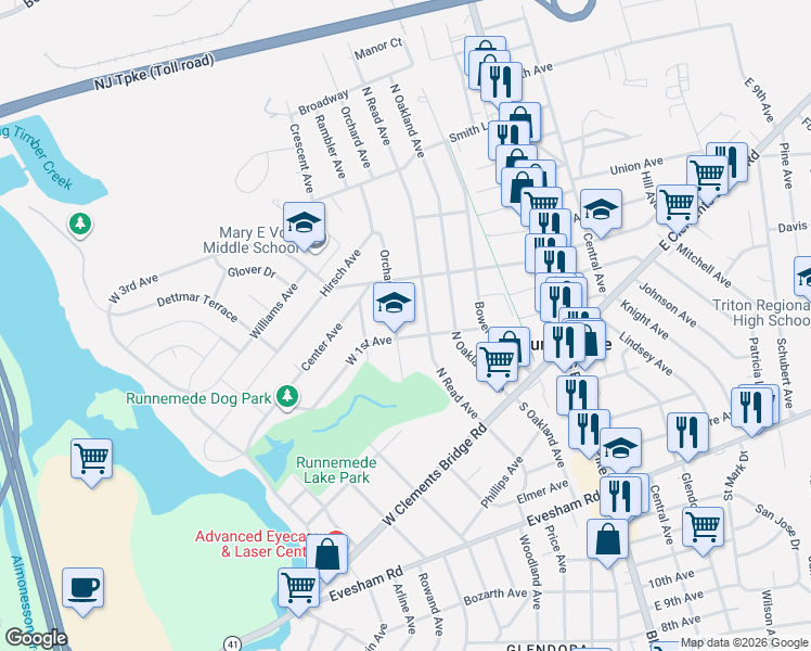 map of restaurants, bars, coffee shops, grocery stores, and more near in Runnemede
