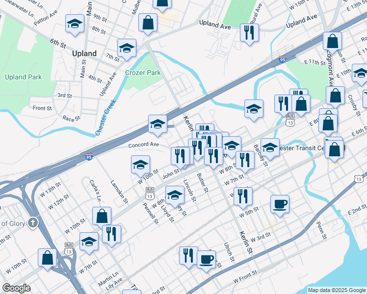map of restaurants, bars, coffee shops, grocery stores, and more near 1010 Concord Avenue in Chester