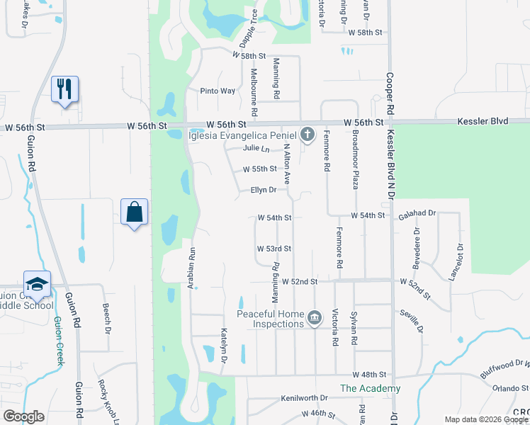 map of restaurants, bars, coffee shops, grocery stores, and more near 3461 West 54th Street in Indianapolis