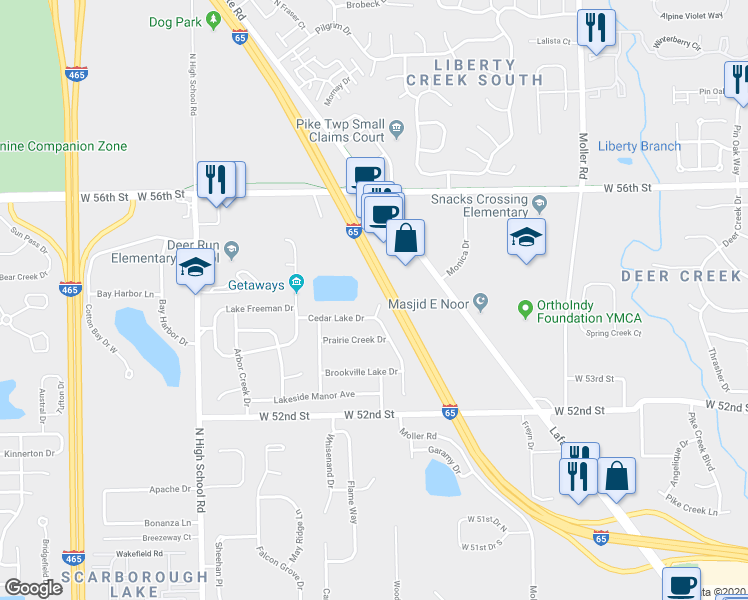 map of restaurants, bars, coffee shops, grocery stores, and more near 5378 Lakeside Manor Drive in Indianapolis