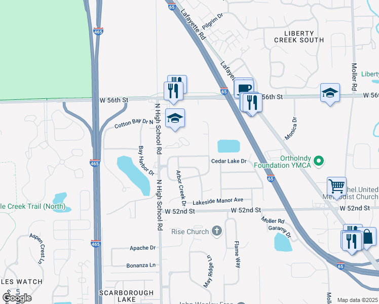 map of restaurants, bars, coffee shops, grocery stores, and more near 6121 Lake Freeman Drive in Indianapolis