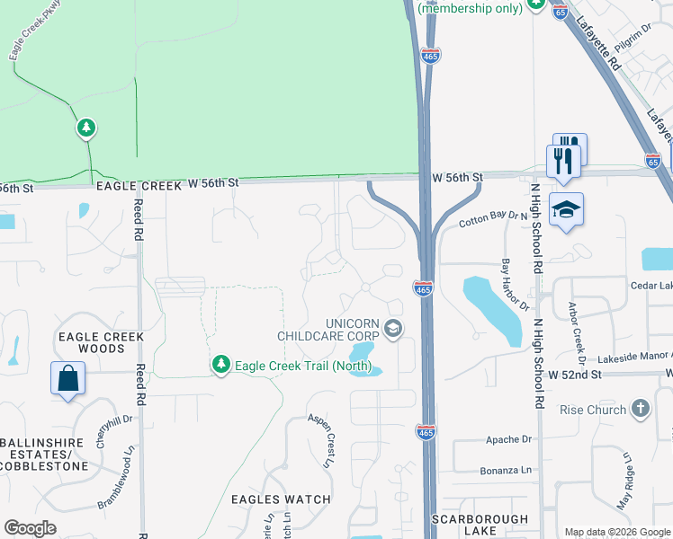 map of restaurants, bars, coffee shops, grocery stores, and more near 5416 Longwoods Drive in Indianapolis