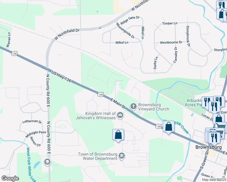 map of restaurants, bars, coffee shops, grocery stores, and more near 6510 East Main Street in Brownsburg