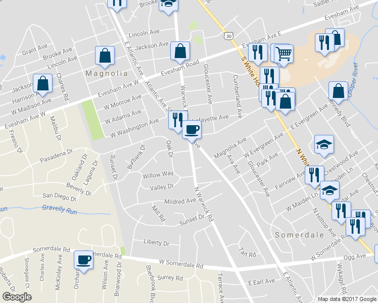 map of restaurants, bars, coffee shops, grocery stores, and more near 413 North Warwick Road in Somerdale