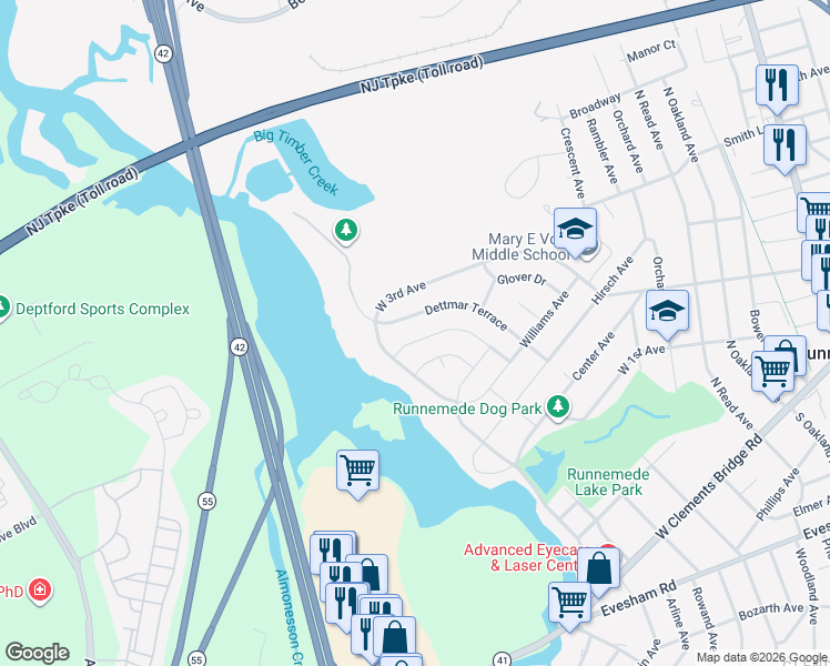 map of restaurants, bars, coffee shops, grocery stores, and more near 812 West 3rd Avenue in Runnemede