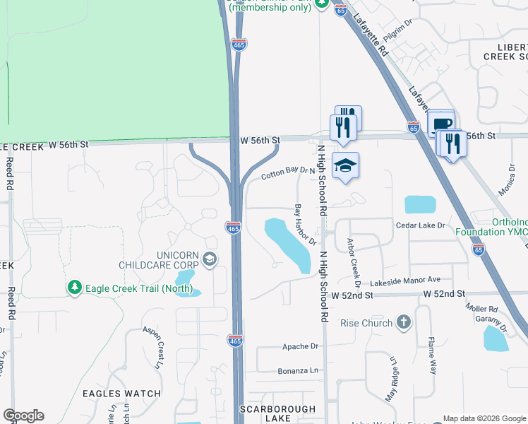 map of restaurants, bars, coffee shops, grocery stores, and more near 6451 Bay Harbor Lane in Indianapolis