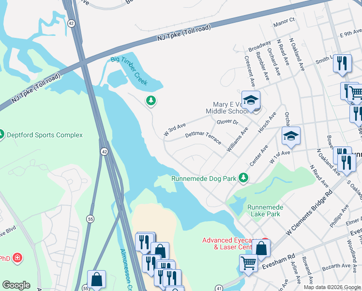map of restaurants, bars, coffee shops, grocery stores, and more near 812 West 3rd Avenue in Runnemede