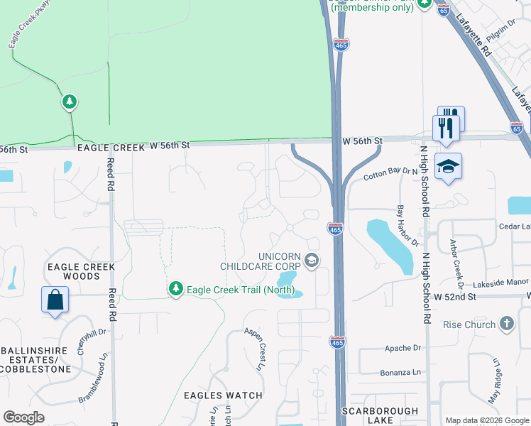 map of restaurants, bars, coffee shops, grocery stores, and more near 5416 Longwoods Drive in Indianapolis