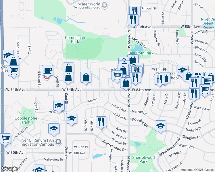 map of restaurants, bars, coffee shops, grocery stores, and more near in Adams County