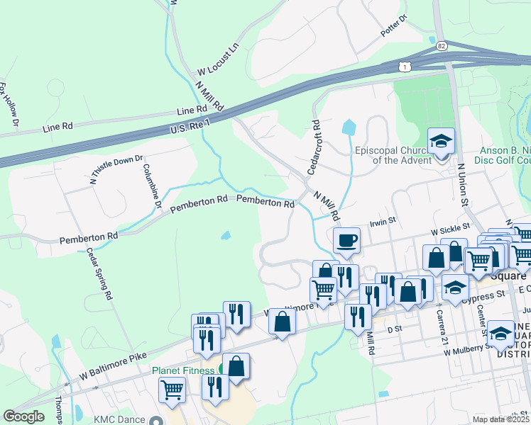 map of restaurants, bars, coffee shops, grocery stores, and more near 216 Pemberton Road in Kennett Square