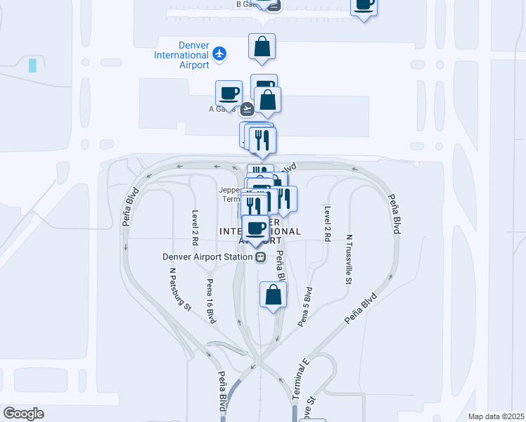 map of restaurants, bars, coffee shops, grocery stores, and more near 6900 Pena Boulevard in Denver