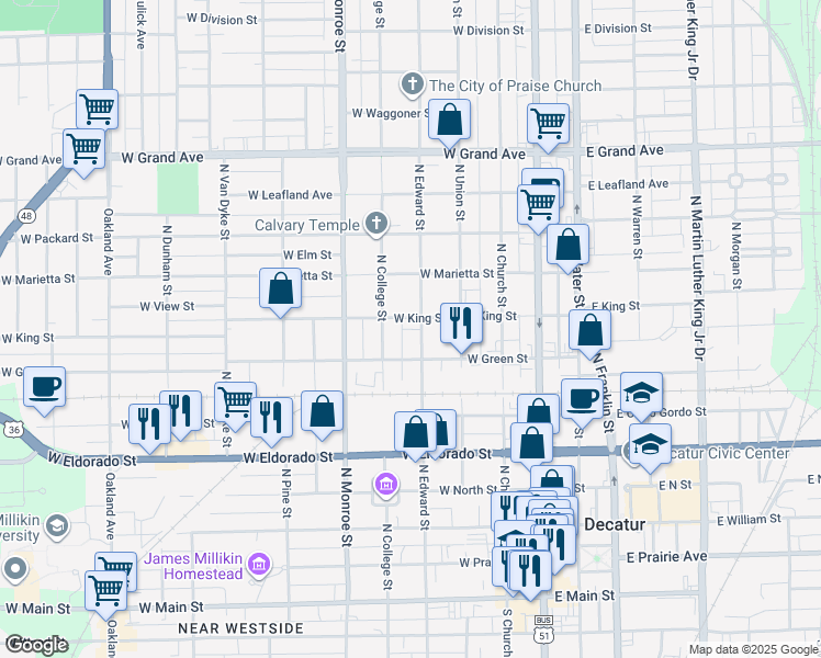 map of restaurants, bars, coffee shops, grocery stores, and more near 800-898 N Edward St in Decatur