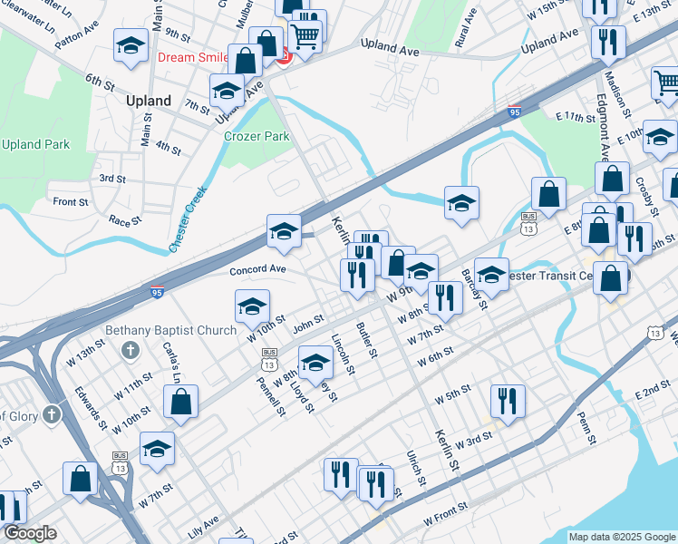 map of restaurants, bars, coffee shops, grocery stores, and more near 1021 Butler Street in Chester
