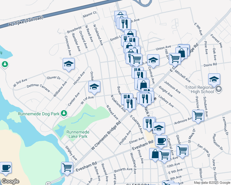 map of restaurants, bars, coffee shops, grocery stores, and more near 109 West 1st Avenue in Runnemede