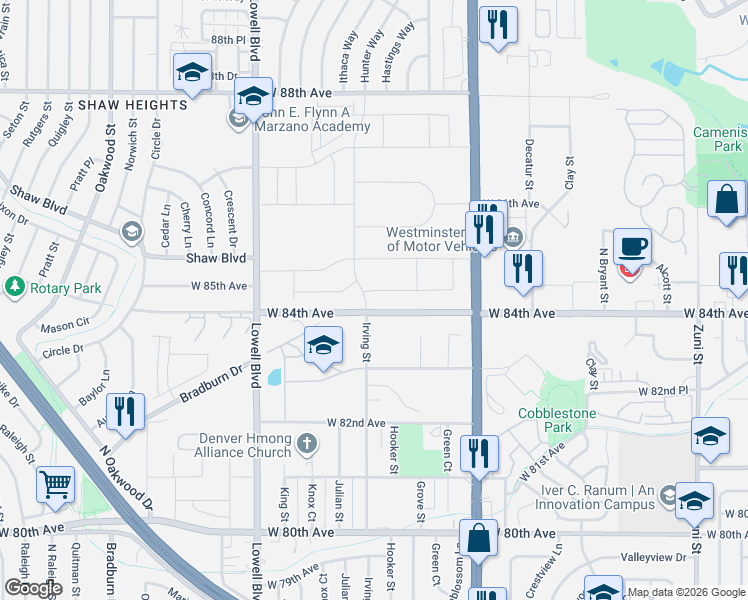 map of restaurants, bars, coffee shops, grocery stores, and more near 3301-3399 West 84th Avenue in Westminster