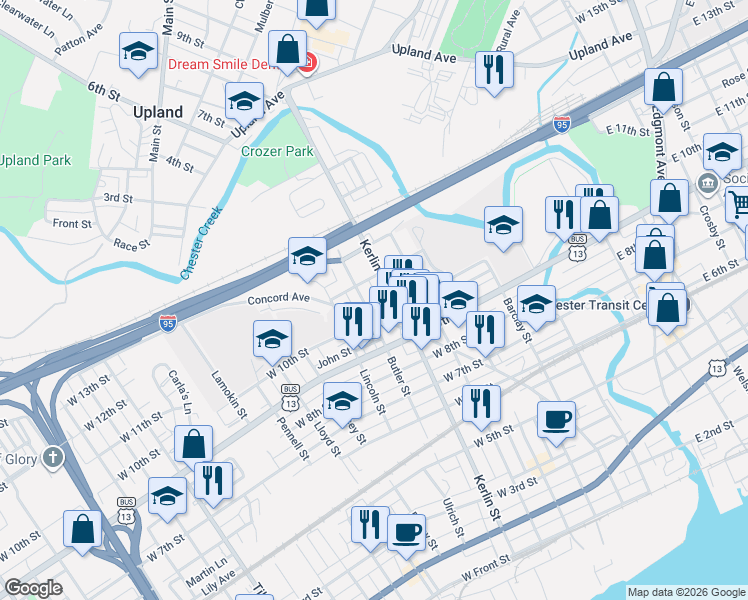 map of restaurants, bars, coffee shops, grocery stores, and more near 1010 Concord Avenue in Chester