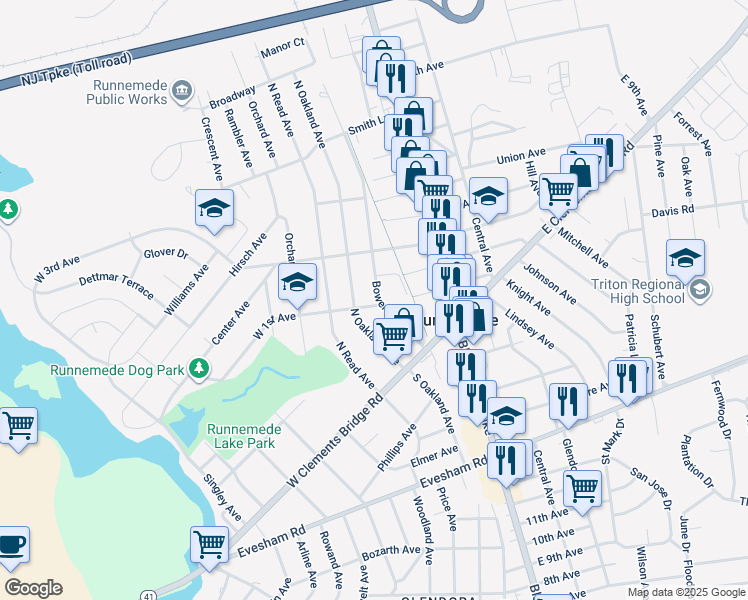 map of restaurants, bars, coffee shops, grocery stores, and more near 55 West 1st Avenue in Runnemede