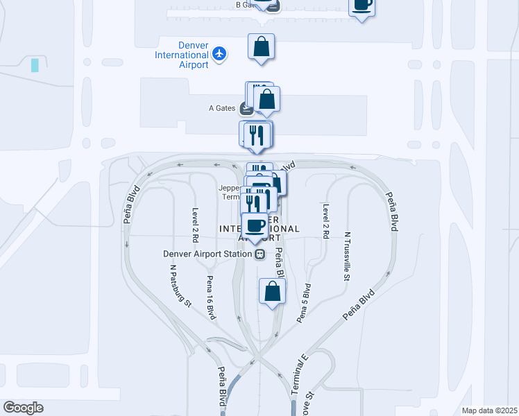 map of restaurants, bars, coffee shops, grocery stores, and more near 8700 Peña Boulevard in Denver