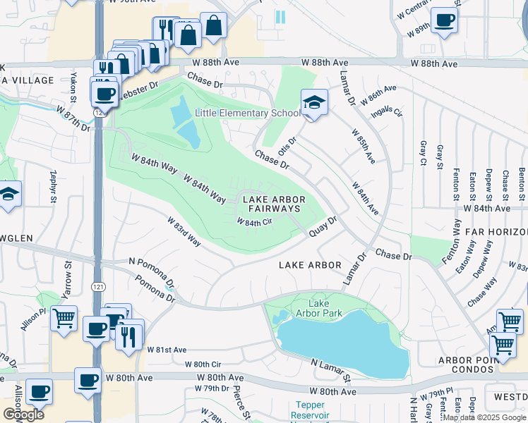 map of restaurants, bars, coffee shops, grocery stores, and more near 6735 West 84th Circle in Arvada