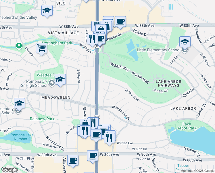 map of restaurants, bars, coffee shops, grocery stores, and more near 7475 West 83rd Avenue in Arvada