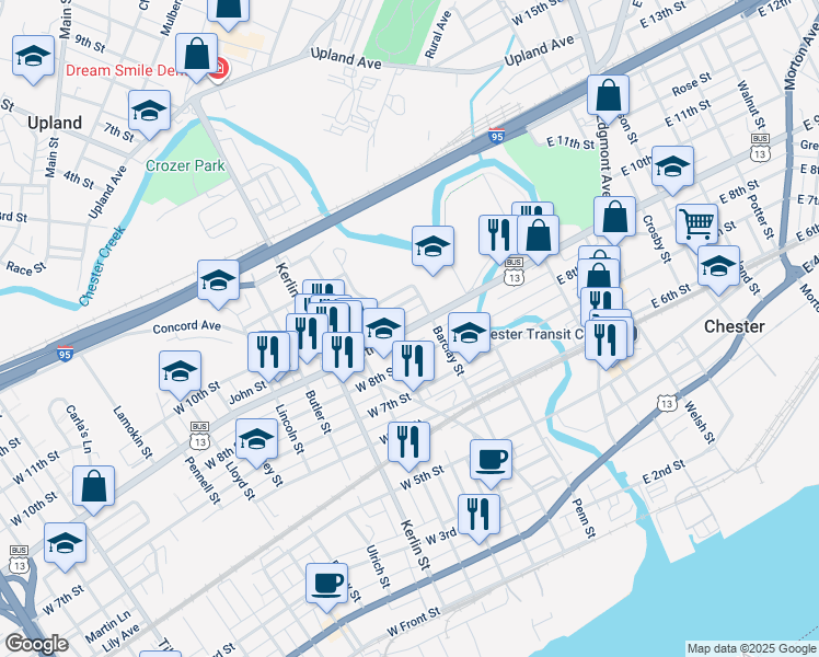 map of restaurants, bars, coffee shops, grocery stores, and more near 339 West 9th Street in Chester