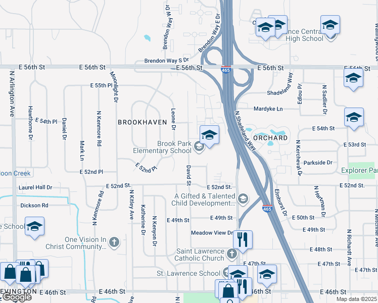 map of restaurants, bars, coffee shops, grocery stores, and more near 5258 David Street in Indianapolis