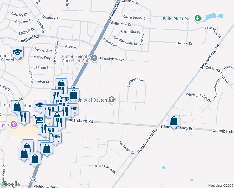 map of restaurants, bars, coffee shops, grocery stores, and more near 6739 Evergreen Woods Drive in Huber Heights