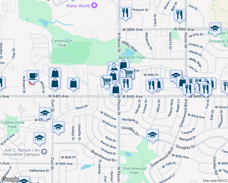 map of restaurants, bars, coffee shops, grocery stores, and more near 8379 Quivas Way in Denver