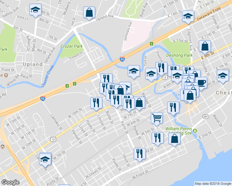 map of restaurants, bars, coffee shops, grocery stores, and more near 928 Parker Street in Chester