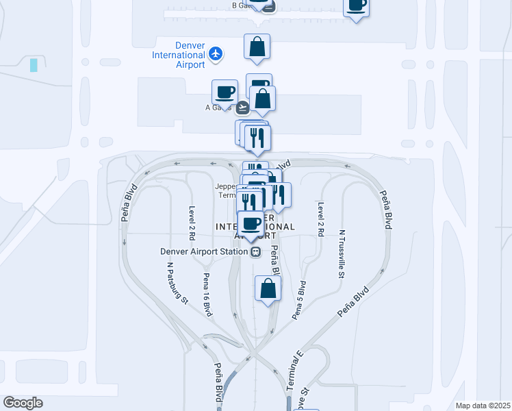 map of restaurants, bars, coffee shops, grocery stores, and more near 8700 Peña Boulevard in Denver
