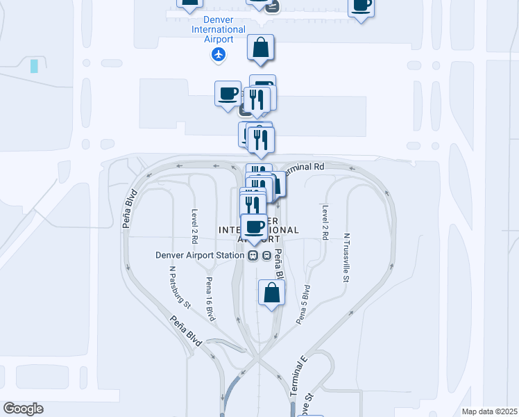 map of restaurants, bars, coffee shops, grocery stores, and more near 8700 Peña Boulevard in Denver