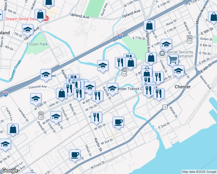 map of restaurants, bars, coffee shops, grocery stores, and more near 222 West 8th Street in Chester