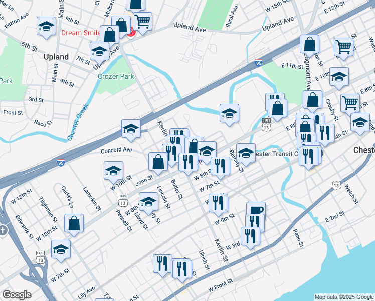 map of restaurants, bars, coffee shops, grocery stores, and more near 928 Parker Street in Chester