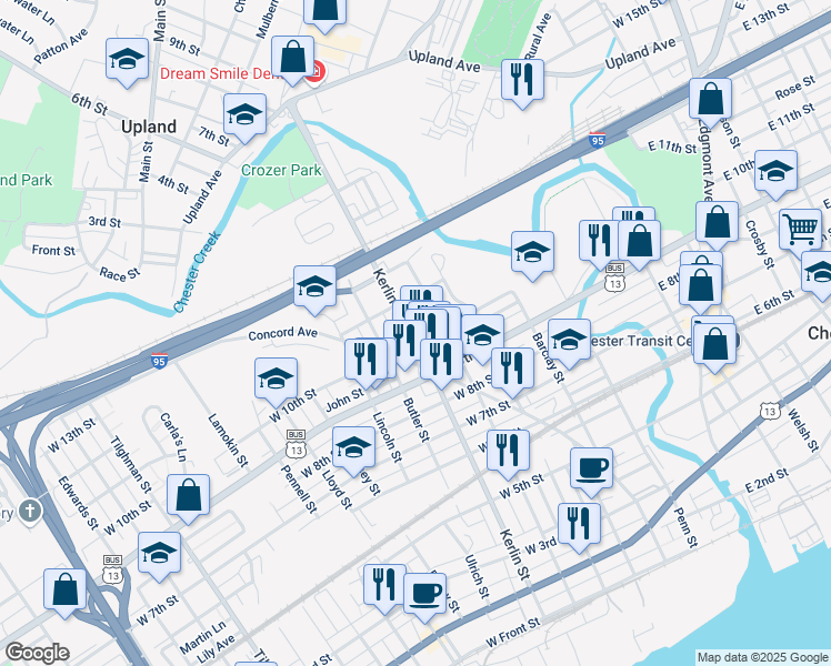 map of restaurants, bars, coffee shops, grocery stores, and more near 1003 Kerlin Street in Chester