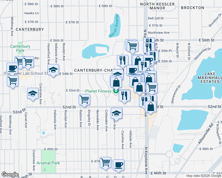 map of restaurants, bars, coffee shops, grocery stores, and more near 5245 Evanston Avenue in Indianapolis