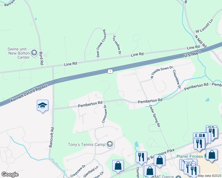 map of restaurants, bars, coffee shops, grocery stores, and more near 217 Kestrel Court in Kennett Square
