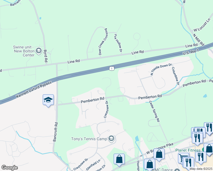 map of restaurants, bars, coffee shops, grocery stores, and more near 200 Kestrel Court in Kennett Square