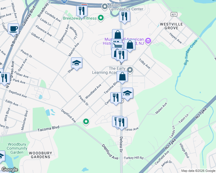 map of restaurants, bars, coffee shops, grocery stores, and more near 756 Tacoma Boulevard in Westville