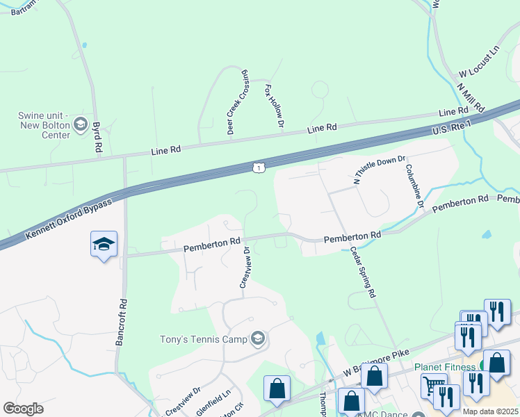 map of restaurants, bars, coffee shops, grocery stores, and more near 217 Kestrel Court in Kennett Square