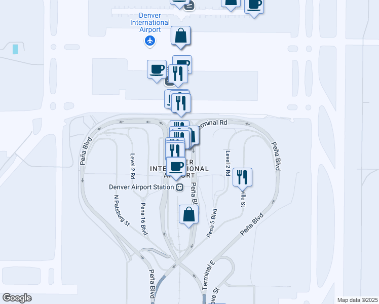 map of restaurants, bars, coffee shops, grocery stores, and more near 8900 Peña Boulevard in Denver