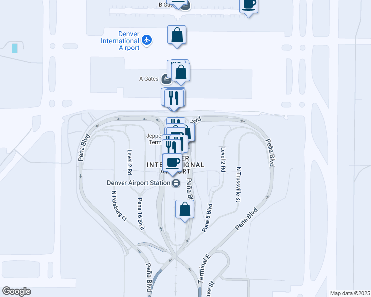 map of restaurants, bars, coffee shops, grocery stores, and more near 8900 Peña Boulevard in Denver