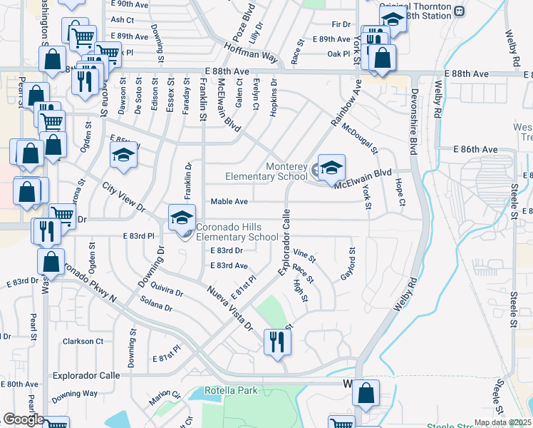 map of restaurants, bars, coffee shops, grocery stores, and more near 1940 East 84th Avenue in Denver