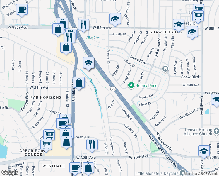 map of restaurants, bars, coffee shops, grocery stores, and more near 8393 Tennyson Street in Westminster