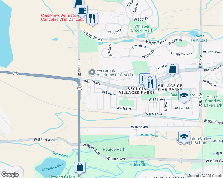 map of restaurants, bars, coffee shops, grocery stores, and more near 14275 West 84th Place in Arvada