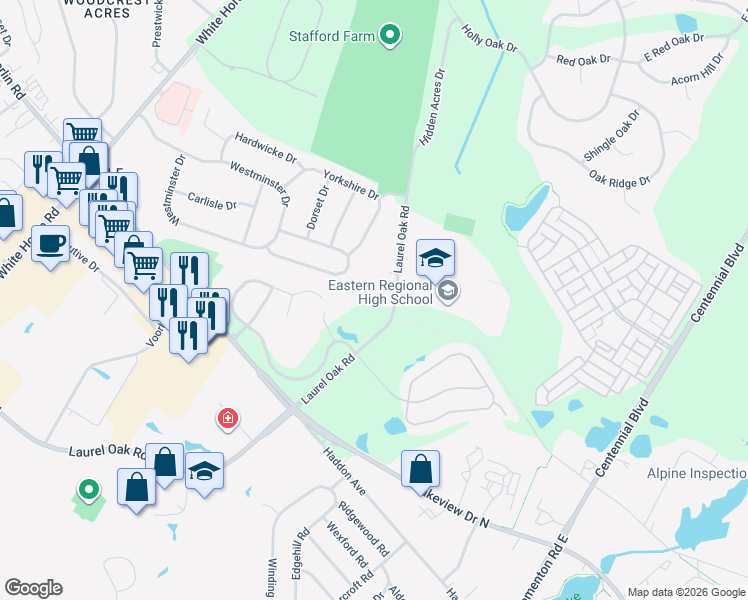 map of restaurants, bars, coffee shops, grocery stores, and more near 1202-1204 Laurel Oak Road in Voorhees Township