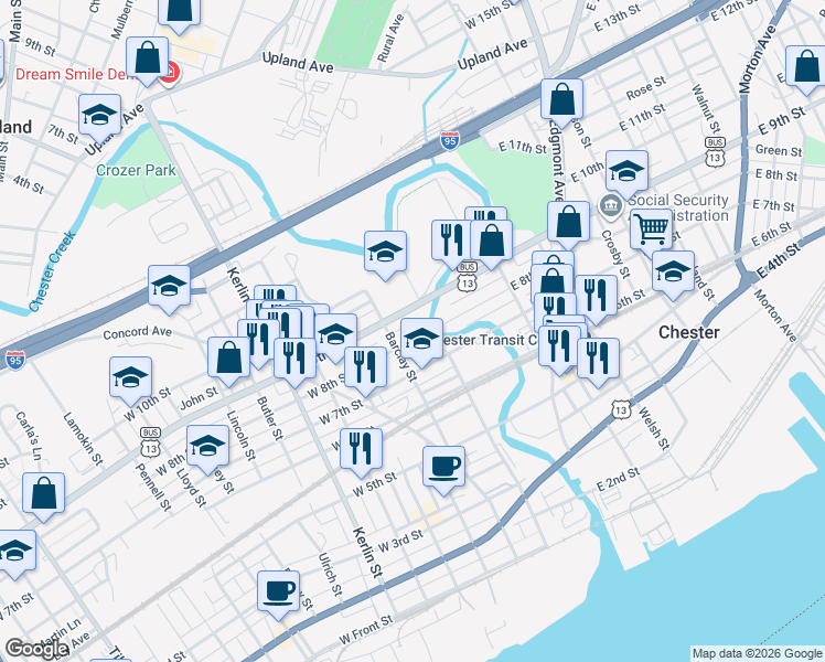 map of restaurants, bars, coffee shops, grocery stores, and more near 214 West 7th Street in Chester
