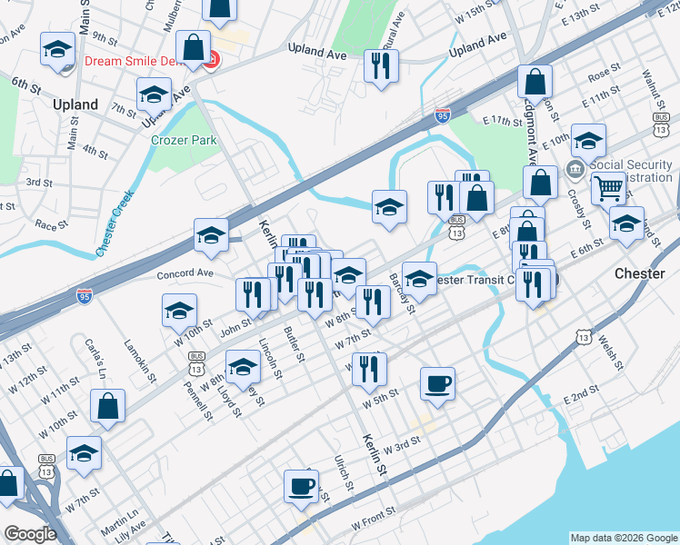 map of restaurants, bars, coffee shops, grocery stores, and more near 600 West 9th Street in Chester