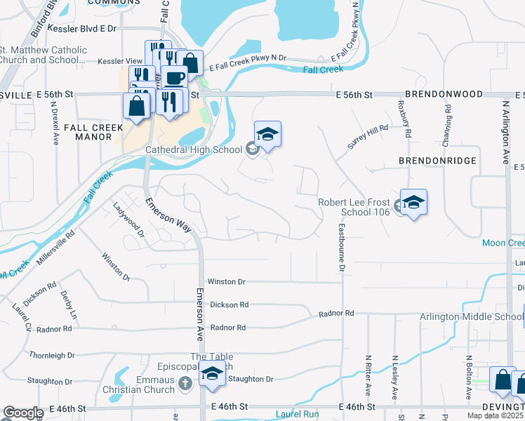 map of restaurants, bars, coffee shops, grocery stores, and more near 5234 Hawks Point Road in Indianapolis